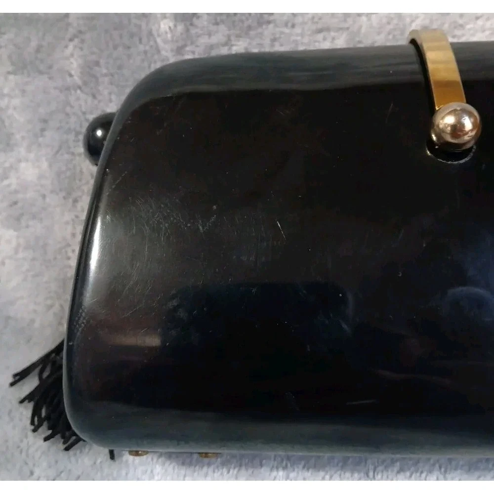 Vintage Hong Kong Made Plastic‎ Purse Black Tasseled Strap Gold Tone Latch READ